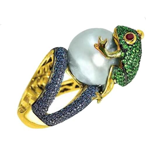 Trendy Creative Lovely Frog Animal White Simulated Pearl Female Ring For Women Party Jewelry Accessories Size 6- 10