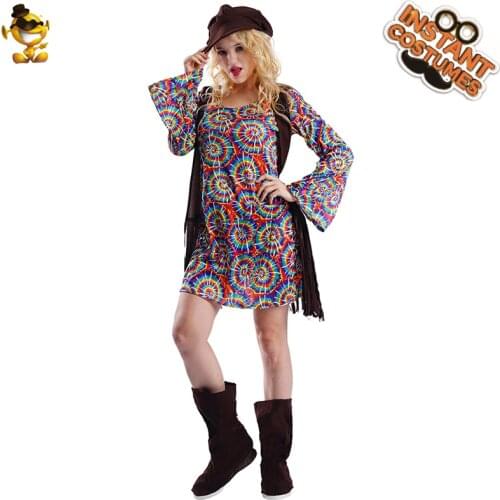 60s 70s Disco Costumes Womens Retro Hippy Dress Carnival Party Fancy Dress Adult Cosplay Rainbow Hippie Costume with Hat
