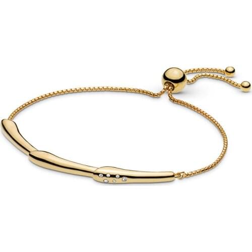 2019 New 100% 925 Sterling Silver Flower Stem Sliding Bangle Bracelet Shine Gold Clear CZ For Women Fashion DIY Jewelry Gift