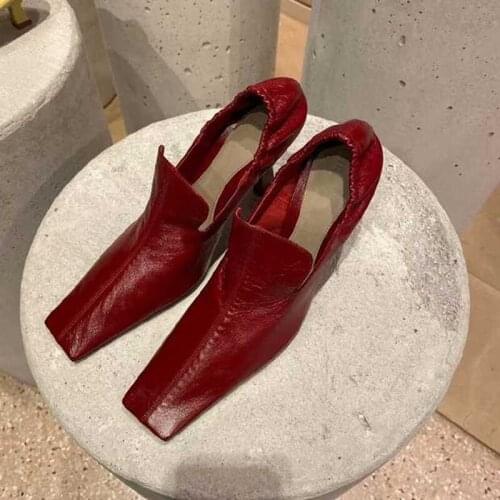 2021 Spring Luxry Leather Pumps Women Slip On Square Toe High Heels Shoes Women New Mules Shoes Sexy Ladies Shoes Sapato Feminin