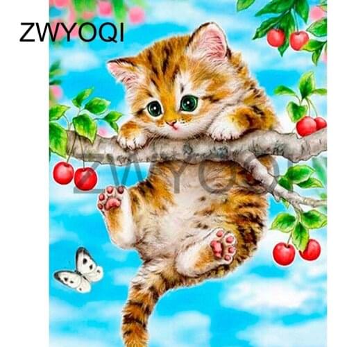 Full Round Diamond mosaic cat Cherry Full Square Diamond embroidery cat Cherry Branch DIY 3D Diamond painting Cross stitch cat