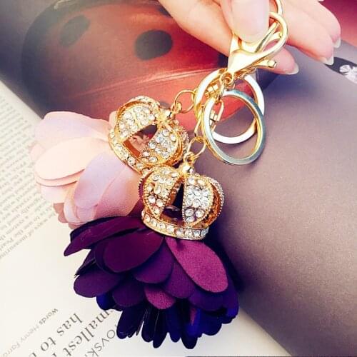 Luxury Exquisite Rhinestone Crown Petal Keychain Handmade Flowers Keyrings Women Car Bag Charm Key Chains Pendant Accessories