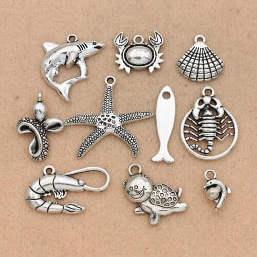 KJjewel Antique Silver Plated Starfish Shell Fish Charm for Making Bracelet Findings Jewelry DIY Accessories 10 styles