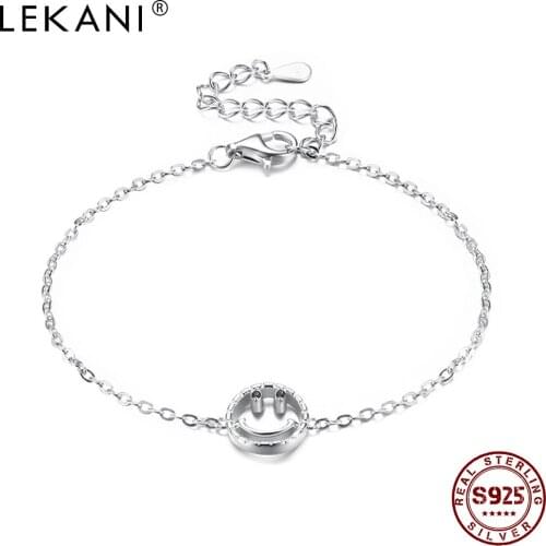LEKANI S925 Sterling Silver Happy Smile Bracelet Women Clear Simple Cubic Zircon Lucky Bracelet & Bangle Girl Gift Minimalist