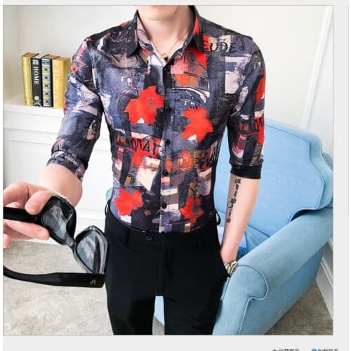 Korean Summer Fashion Mens Maple Leaf Letters Print Half-sleeve Slim Shirt Streetwear Social Shirt Costume Homme Male Clothing