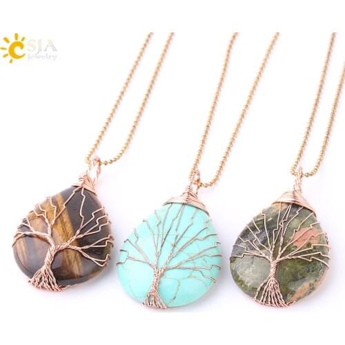 CSJA Tree of Life Water Drop Necklace & Pendants Rose Gold Wrap Wire Natural Gem Stone Purple Pink Quartz Opal Chakra Reiki E640