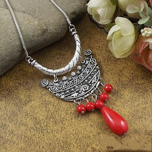 New Choker Necklace Fashion Ethnic Vintage Silver Color Colorful Bead Pendant Statement Necklace For Women Jewelry