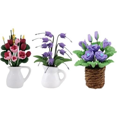 1/12 Scale Dolls House Miniature Mini Handmade Beautiful Flower with Vase Model Garden Room Desktop Scene Ornament