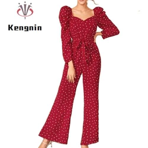 2021 Autumn Women' s Jumpsuits European Style Long Sleeve Ladies Sashes Playsuits RedDot Print Female Bodysuit Boot Cut KE1799