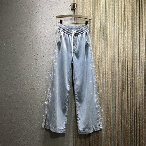 Hot drilling Tencel denim wide leg pants spring summer elastic waist loose women casual pants thin side split trousers