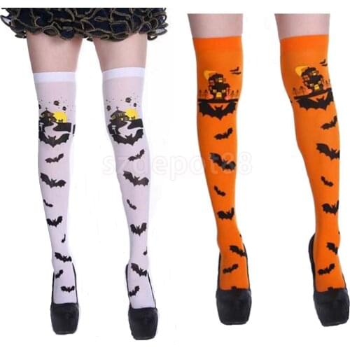 Halloween Carnival Scary Castle Bat Thigh High Stockings Woman Girls Hold Up Stocking Over Knee Socks Fancy Dress Orange/White