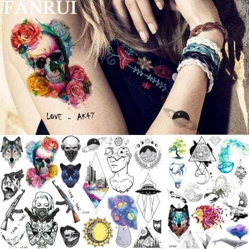 FANRUI Death Skull Rose Gangsta Temporary Tattoos Bad Women AK47 Gun Fake Tattoo Sticker Water Transfer Arm Neck UFO Tatoo Paper