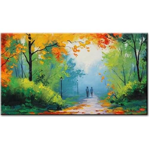 Autumn Scenery Romantic Stroll On Forest Road Handpainted Pattle Knife Oil Painting For Living Room Home Decoration 50x80cm