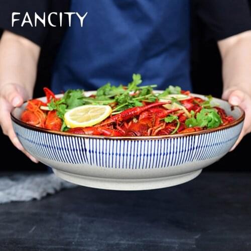 FANCITY Japanese-style hand-painted ceramic tableware blue line big soup bowl pickled cabbage fish bowl stewed vegetable bowl