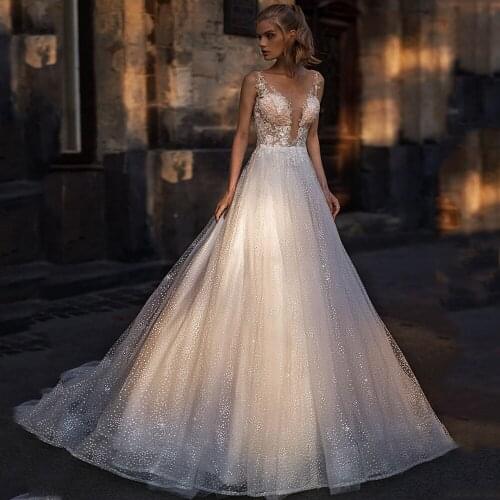 Scoop Appliques Lace Iovry Glitter Skirt Buttons A-Line Tulle 2021 Wedding Dress Bridal Gown Vestido De Novia