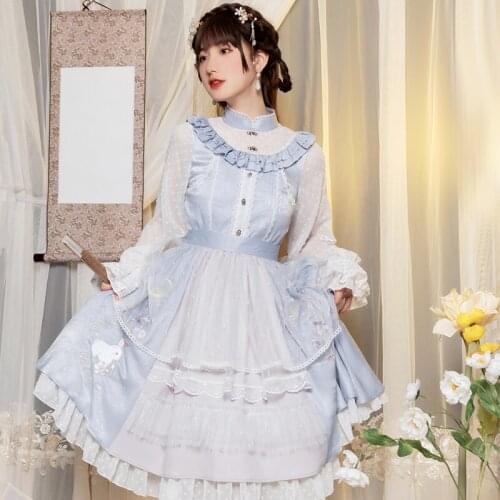 Lace Lolita Op Embroidered Rabbit Jacquard Chiffon Simple Spring And Summer Chinese Kawaii Style Lolitas High Waist Women Dress