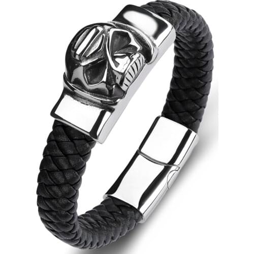 Trendy Men Skull Bracelets Wristband Multi Color Stainless Steel Magnetic Buckle Leather Bangles Charm Punk Jewelry Gifts P132