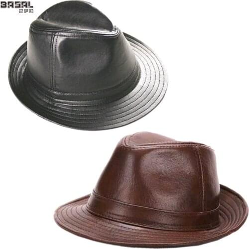 New Mens 100% Real Cowhide Leather Top Gentleman Bucket Hat