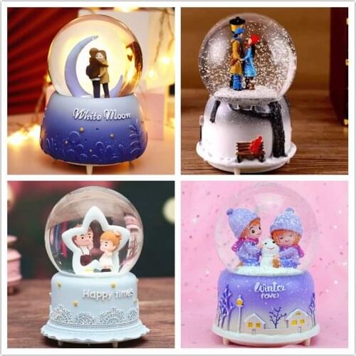 Crystal Ball Music Box Valentines Day Gift Girl Star Moon Rainbow Glowing Snowflakes Music Box Home Decoration Desktop Ornament