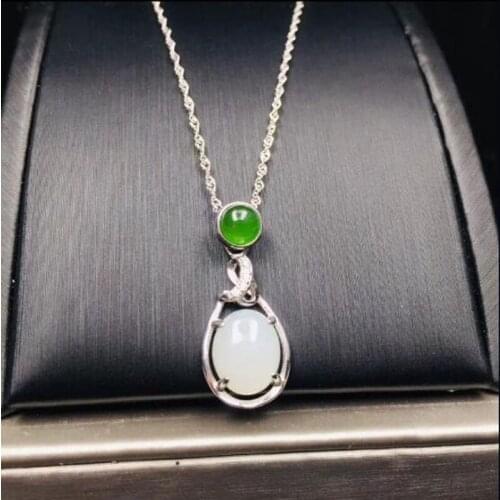 Natural 925 Silver Excellent Inlaid Green Beads White Jade Pendant Necklace