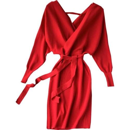 Autumn knitted Womens Dresses Fashion New Chic, Tight-fitting, Slim-fit, Elegant Long Dresses, V-neck Womens Sweaters