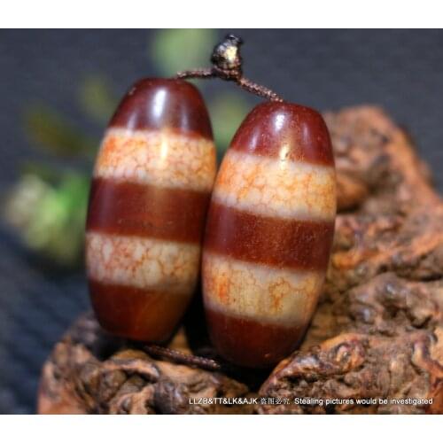 A Pair of Tibetan Old Red Agate 2 Wide Line Healer Medicine Big Drum dZi Bead 3A LKbrother Talisman UPD210202A4