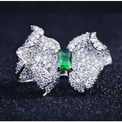 QTT Fashion Bowknot Design Ring Adjustable Ring Natural Green Cubic Zirconia Jewelry For Women Fine Jewelry 925 Silver Ring