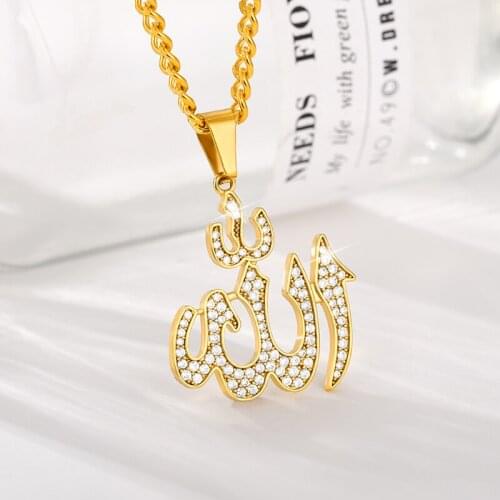 Religious Muslim Jewelry Hip Hop Style Gold Color Bling Crystal Islamic Allah Necklaces & Pendants For Men/Women Femme