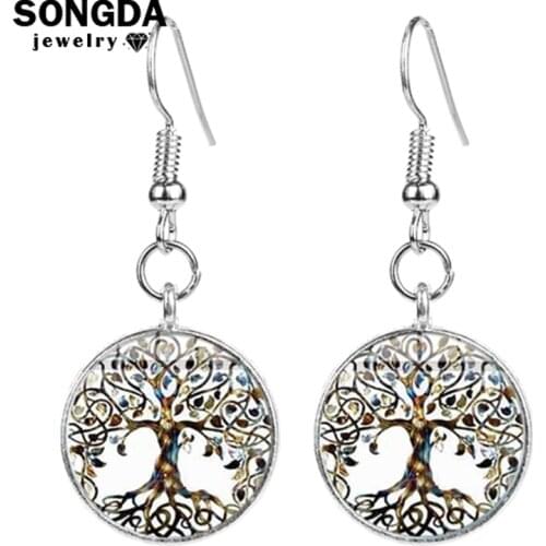 SONGDA Gold Color Tree Of Life Earrings for Women Accessories Glass Art Photo Round Earrings Fashion Jewelry 2019 New Oorbellen