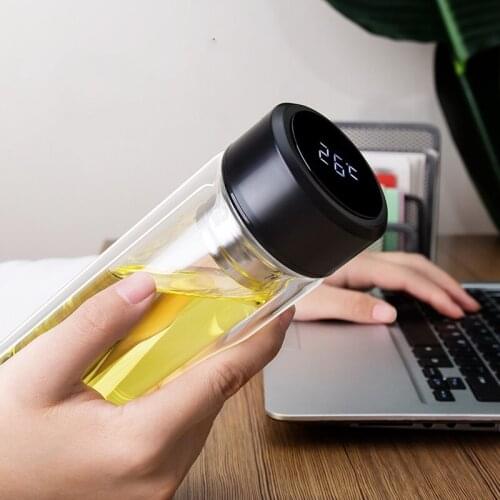 Temperature Display Glass Water Bottle High Borosilicate Double Tea Water Bottle Infuser Tumbler Drinkware Smart Bottles