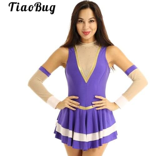 TiaoBug Women Sleeveless Mesh Splice V-shape Gymnastics Leotard Ballet Figure Skating Dress Circus Performance Dance Costume