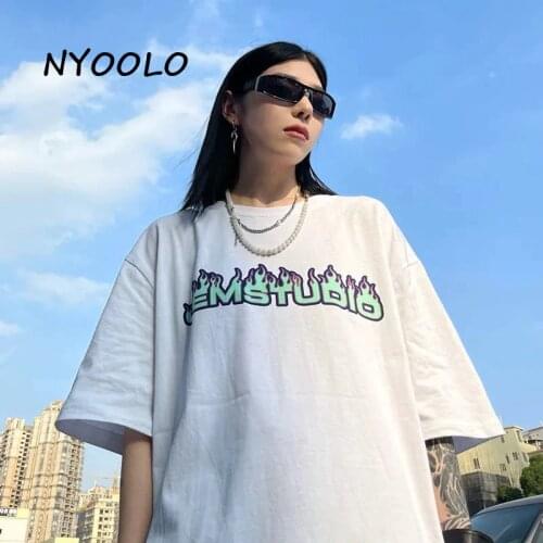 NYOOLO Harajuku Streetwear Hip Hop Flame Letters 100% Cotton Short Sleeve Oversized T-Shirt Women Men Clothes Summer Goth Tops