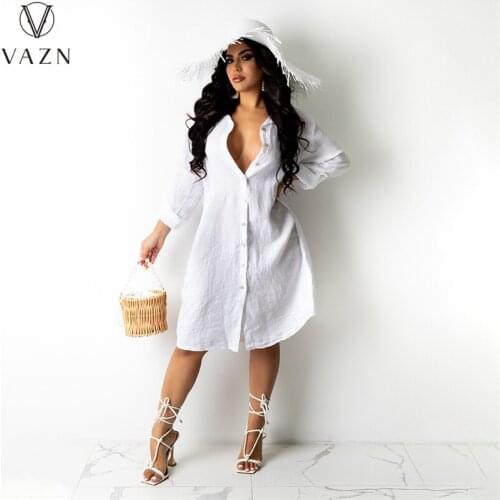 VAZN 2021 Solid Deep V-neck Full Sleeve Street Wind Shirt Dresses Sexy Club Birthday Dress Women Elegant Fashion Female Dress