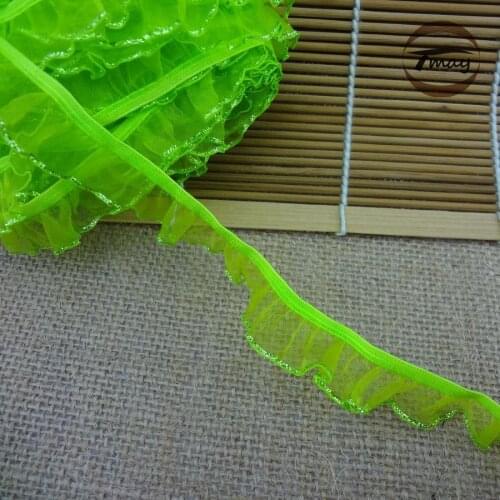 #1013 Green+silver edge Organza ruffled lace trim 15MM 6yards/lot elastic lace Fold Chiffon Yarn Lace hair Elastic bands Webbing