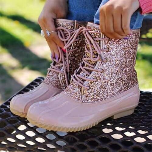 Womens Boots Lady Duck Boot With Waterproof Zipper Rubber Sole Women Rain Boots Lace Up Ankle Shoes Fur Winter Women Shoes2021