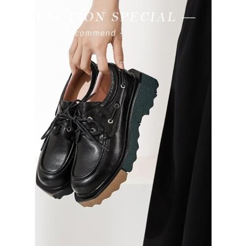 2021 New Autumn Women Shoes Cow Leather Round Toe Chunky Heel Loafers Women Black Platform Casual Lace-Up Flats