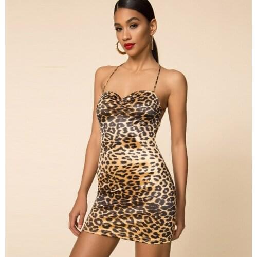 Women Dresses Summer 2021 Women European American Style Vintage Brown Leopard Sexy Bodycon Blackless Cross Strap Mini Dress D286
