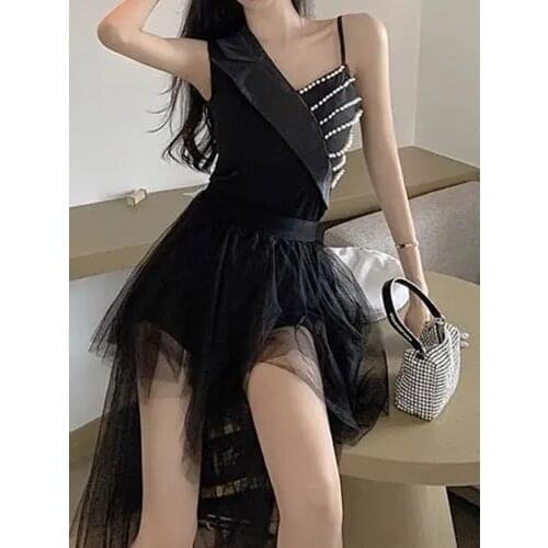 Korean version of the new design sense belt waist tube top + irregular gauze skirt fashion two-piece suit vestidos de mujer