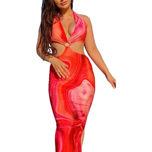 2021 Women Close-fitting Sexy Dress, Coral Pink Printed Pattern Deep V-neck Sleeveless 1-piece