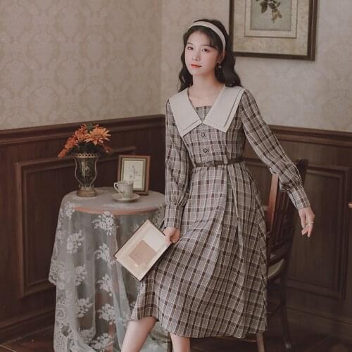 Plaid Retro Sweet Navy Lapel Collar Dress Fall Loose French Literary Long Sleeve Elegant Cute Kawaii Dress Y2K Womens Clothing