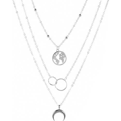 1PC New Fashion Retro Moon World Map Circle Pendant Multilayer Gold Color Necklace Party Charm Jewelry Accessories for Women