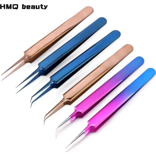 Tweezers Stainless Steel Gold Blue for eyelash extension high-precision eyelash extension tweezers Thin tip