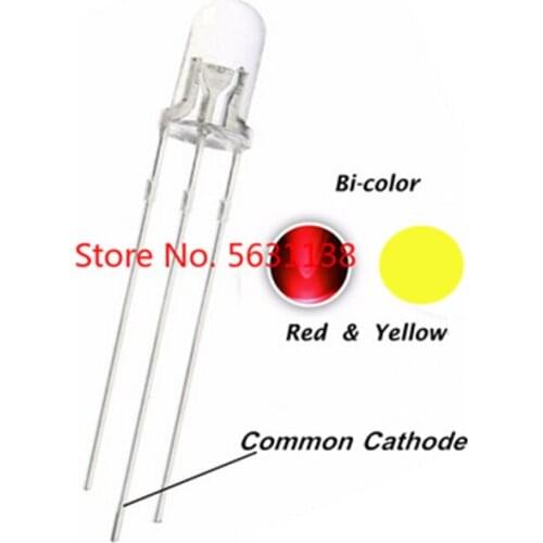 100pcs 5mm Red + YELLOW Bicolor LED Emitting Diode Round Head Transparent DIP-3 leds Common Cathode Water Clear Lamp Light Beads