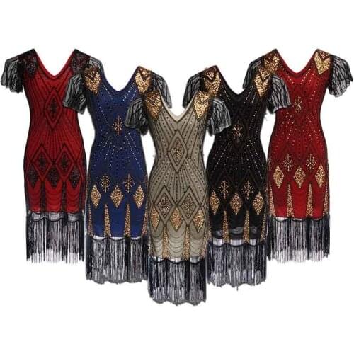 1920s Gatsby Charleston Sequin Bead Fringe Flapper Dress Vestido Opera Costume Double V-Neck Tiered Tassel Party Dress