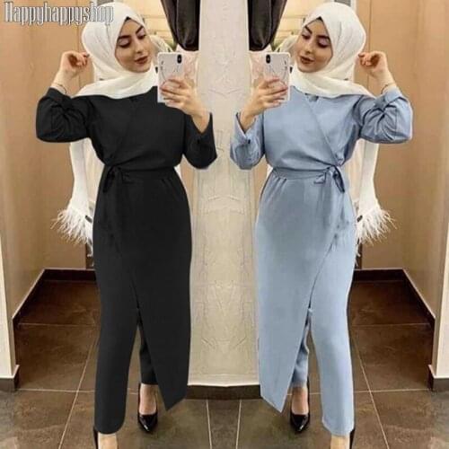 2020 Fashion Women OL Style Jumpsuit Dress Dubai Muslim Clothing African Dresses Turkish Casual Kaftan Robe Lace Up Slim Outwear