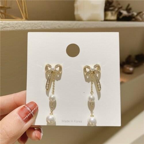 2021 New Arrival Metal Trendy Water Drop Women Dangle Earrings Pearl Tassel Bow Earrings For Women Elegant Jewelry