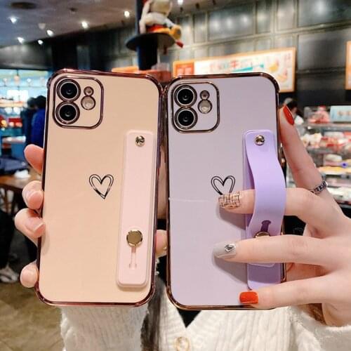 Wrist Strap Stand Holder Case For iPhone 11 12 Pro Max 12 Mini XR X XS 7 8 Plus SE 2020 Case Silicone Luxury Plating Cover Coque