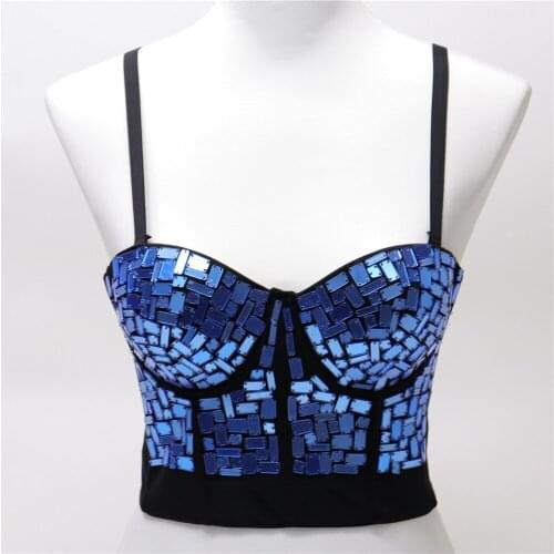 Cupnaya Glitter Sequins Women Stretch Crop Top Sexy Young Ladies Spaghatti Strap Club Bustier Inner Tube Camisole Blue Rose