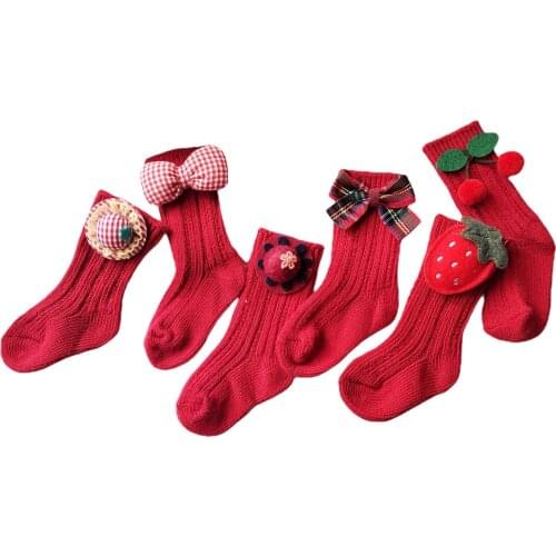 Children Baby Girls Boys Cartoon Socks Ribbed Knitted Solid Red Warm Autumn Spring Medium Tube Infant Newborn Toddler Socks