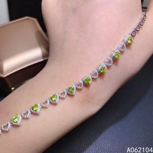 KJJEAXCMY fine jewelry 925 sterling silver inlaid natural peridot Womens fashion lovely heart gem hand bracelet support detecti